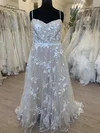 A-line V-neck Tulle Sweep Train Wedding Dress With Appliques Lace #Milly00028708