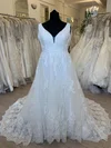 Ball Gown/Princess V-neck Glitter Tulle Sweep Train Wedding Dress With Pearl Detailing #Milly00028709