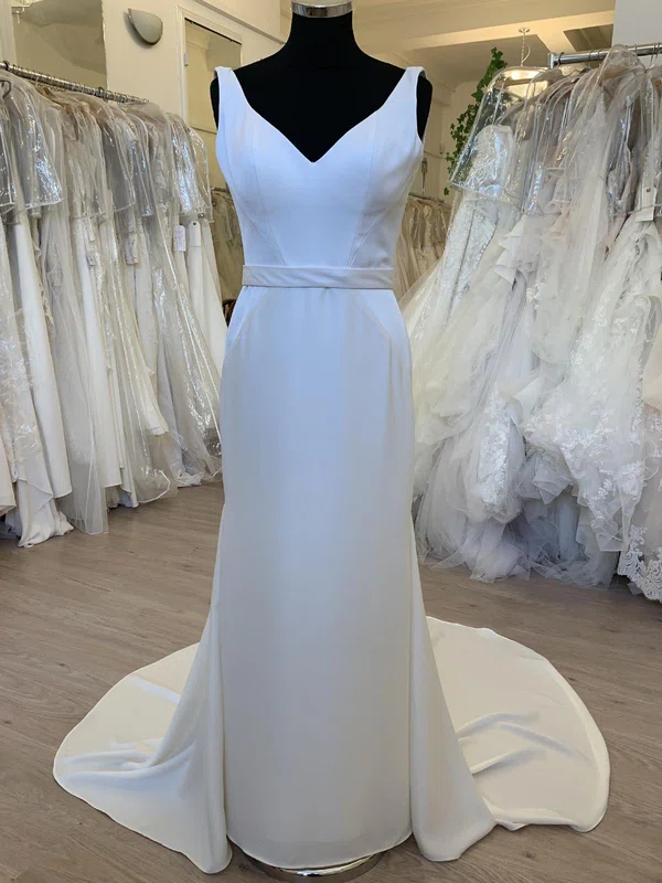 Sheath/Column V-neck Stretch Crepe Sweep Train Wedding Dress #Milly00028711