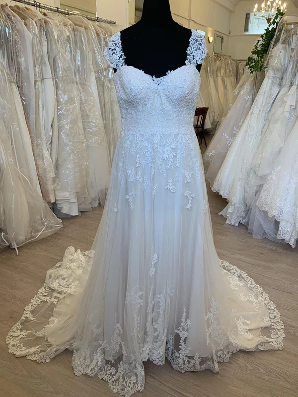 A-line Sweetheart Tulle Sweep Train Wedding Dress With Appliques Lace #Milly00028712