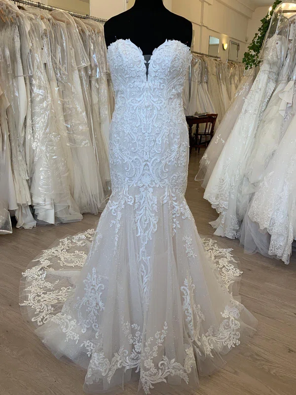Trumpet/Mermaid Sweetheart Glitter Tulle Sweep Train Wedding Dress With Appliques Lace #Milly00028714