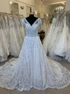 A-line V-neck Lace Court Train Wedding Dress With Appliques Lace #Milly00028716