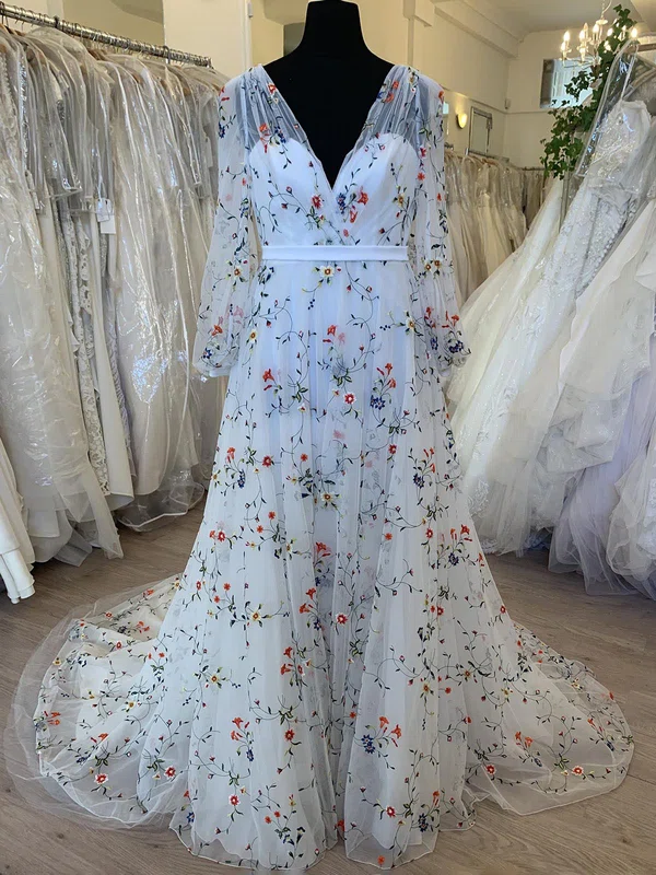 A-line V-neck Tulle Sweep Train Wedding Dress With Flower(s) #Milly00028718