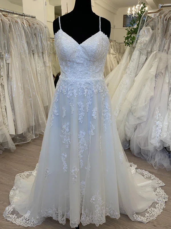 A-line Sweetheart Tulle Sweep Train Wedding Dress With Pearl Detailing #Milly00028719