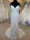 Trumpet/Mermaid V-neck Lace Tulle Sweep Train Wedding Dress With Appliques Lace #Milly00028720