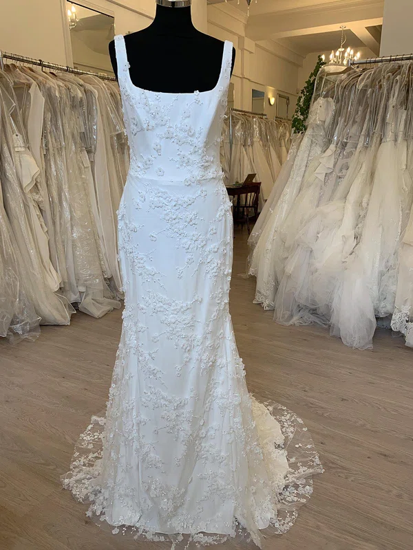 Sheath/Column Square Neckline Stretch Crepe Sweep Train Wedding Dress With Appliques Lace #Milly00028721