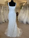 Sheath/Column Square Neckline Stretch Crepe Sweep Train Wedding Dress With Appliques Lace #Milly00028721