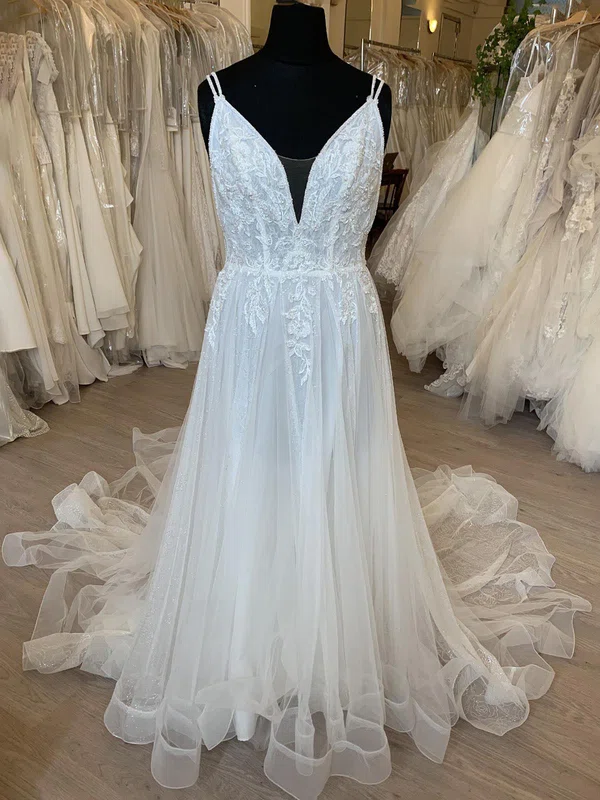 A-line V-neck Glitter Tulle Court Train Wedding Dress With Ruched #Milly00028725