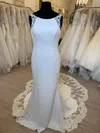 Sheath/Column Scoop Neck Stretch Crepe Court Train Wedding Dress With Appliques Lace #Milly00028729