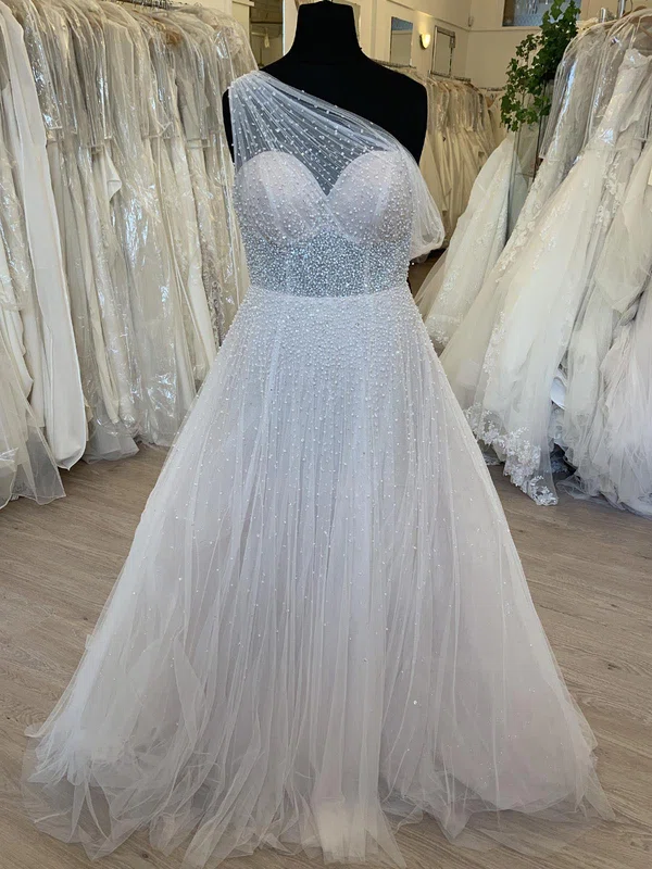Ball Gown/Princess Asymmetrical Neck Glitter Tulle Sweep Train Wedding Dress With Beading #Milly00028730