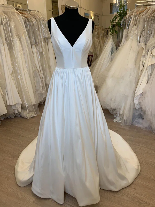 Ball Gown/Princess V-neck Satin Sweep Train Wedding Dress With Ruched #Milly00028732