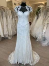 Sheath/Column Illusion Lace Sweep Train Wedding Dress With Appliques Lace #Milly00028733