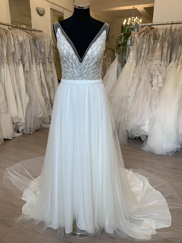 Sheath/Column V-neck Chiffon Tulle Sweep Train Wedding Dress With Beading #Milly00028734