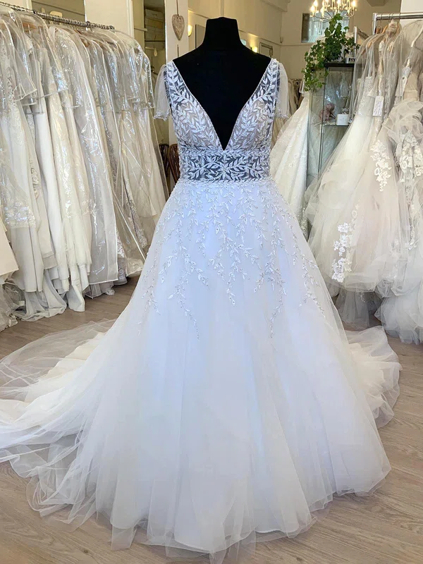 Ball Gown/Princess V-neck Tulle Sweep Train Wedding Dress With Beading #Milly00028736