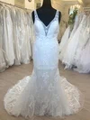 Trumpet/Mermaid V-neck Lace Tulle Sweep Train Wedding Dress With Appliques Lace #Milly00028737