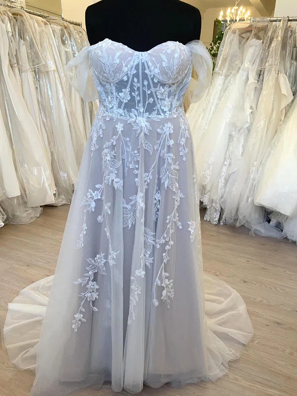 A-line Off-the-shoulder Glitter Tulle Sweep Train Wedding Dress With Appliques Lace #Milly00028738