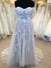 A-line Off-the-shoulder Glitter Tulle Sweep Train Wedding Dress With Appliques Lace #Milly00028738