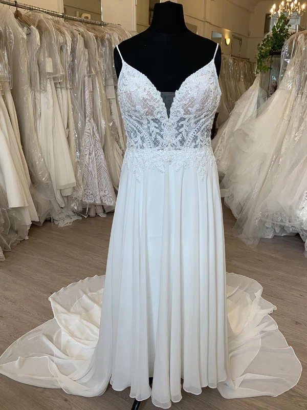 A-line V-neck Chiffon Sweep Train Wedding Dress With Appliques Lace #Milly00028739