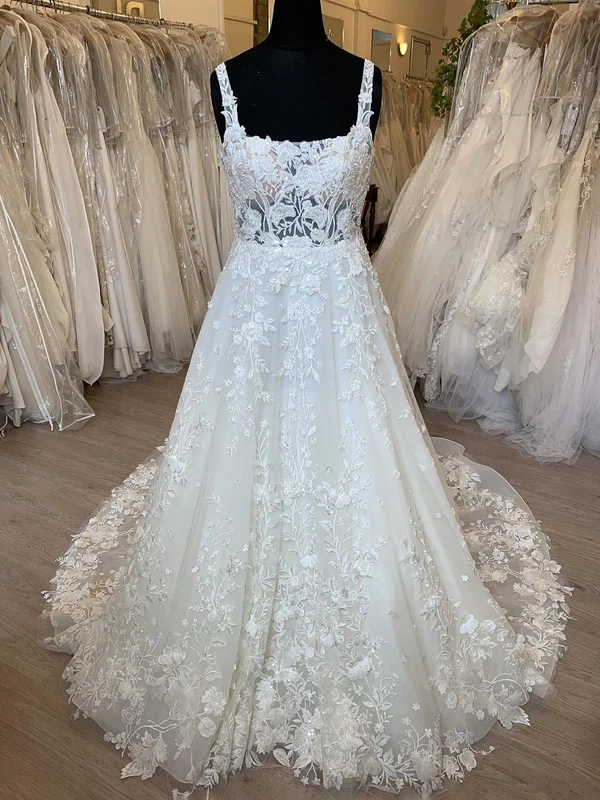 Ball Gown/Princess Square Neckline Organza Sweep Train Wedding Dress With Appliques Lace #Milly00028740