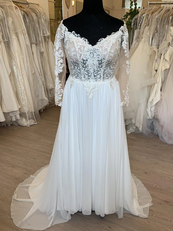 A-line V-neck Lace Chiffon Sweep Train Wedding Dress With Appliques Lace #Milly00028741