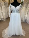 A-line V-neck Lace Chiffon Sweep Train Wedding Dress With Appliques Lace #Milly00028741
