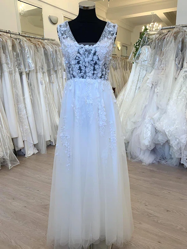 A-line V-neck Glitter Tulle Floor-length Wedding Dress With Appliques Lace #Milly00028745