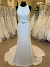 Sheath/Column Scoop Neck Stretch Crepe Sweep Train Wedding Dress With Beading #Milly00028746
