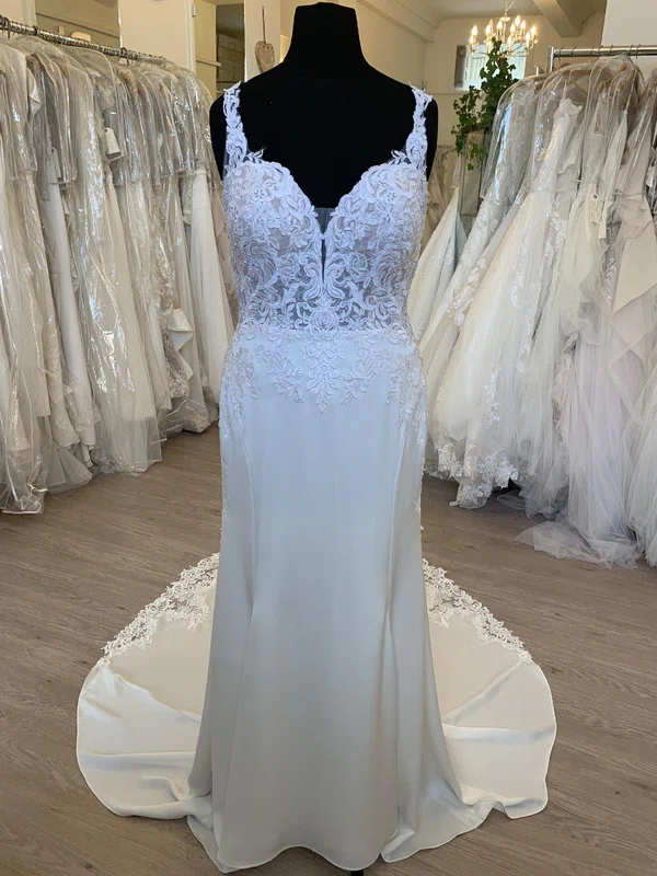 Sheath/Column Sweetheart Lace Satin Sweep Train Wedding Dress #Milly00028748