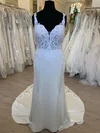 Sheath/Column Sweetheart Lace Satin Sweep Train Wedding Dress #Milly00028748