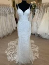 Sheath/Column V-neck Tulle Sweep Train Wedding Dress With Appliques Lace #Milly00028750