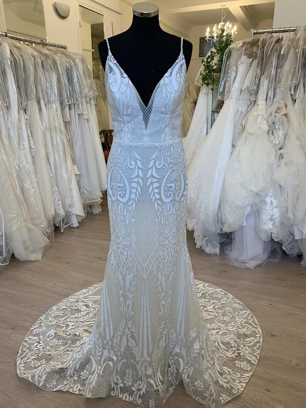 Sheath/Column V-neck Glitter Lace Sweep Train Wedding Dress #Milly00028751