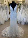 Sheath/Column V-neck Glitter Lace Sweep Train Wedding Dress #Milly00028751