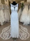 Sheath/Column Illusion Lace Court Train Wedding Dress With Appliques Lace #Milly00028756
