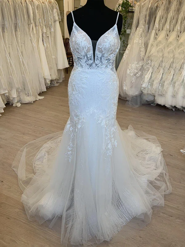Trumpet/Mermaid V-neck Glitter Tulle Court Train Wedding Dress With Pearl Detailing #Milly00028757