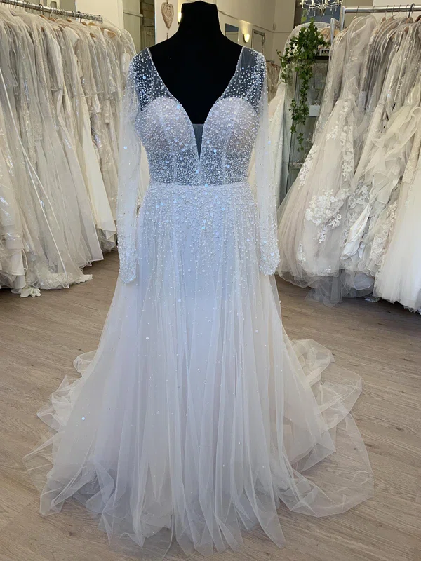 A-line V-neck Glitter Tulle Sweep Train Wedding Dress With Pearl Detailing #Milly00028759