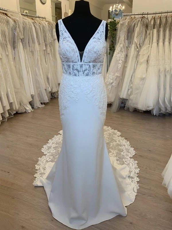 Sheath/Column V-neck Satin Court Train Wedding Dress With Appliques Lace #Milly00028760