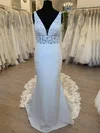 Sheath/Column V-neck Satin Court Train Wedding Dress With Appliques Lace #Milly00028760