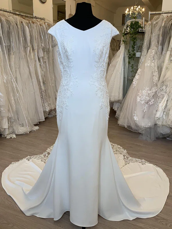 Trumpet/Mermaid V-neck Satin Sweep Train Wedding Dress With Appliques Lace #Milly00028762