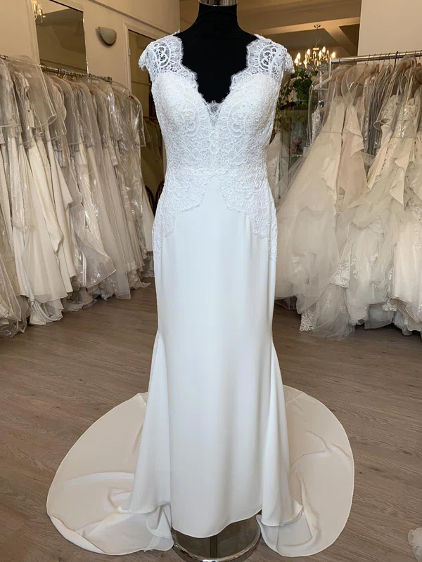 Sheath/Column V-neck Lace Satin Chiffon Sweep Train Wedding Dress #Milly00028764