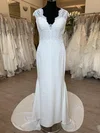 Sheath/Column V-neck Lace Satin Chiffon Sweep Train Wedding Dress #Milly00028764