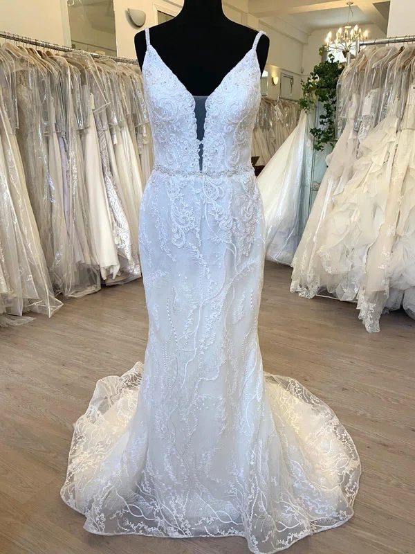 Sheath/Column V-neck Lace Sweep Train Wedding Dress With Pearl Detailing #Milly00028765