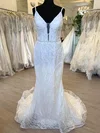 Sheath/Column V-neck Lace Sweep Train Wedding Dress With Pearl Detailing #Milly00028765