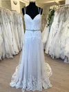 Sheath/Column Sweetheart Tulle Lace Sweep Train Wedding Dress With Beading #Milly00028768