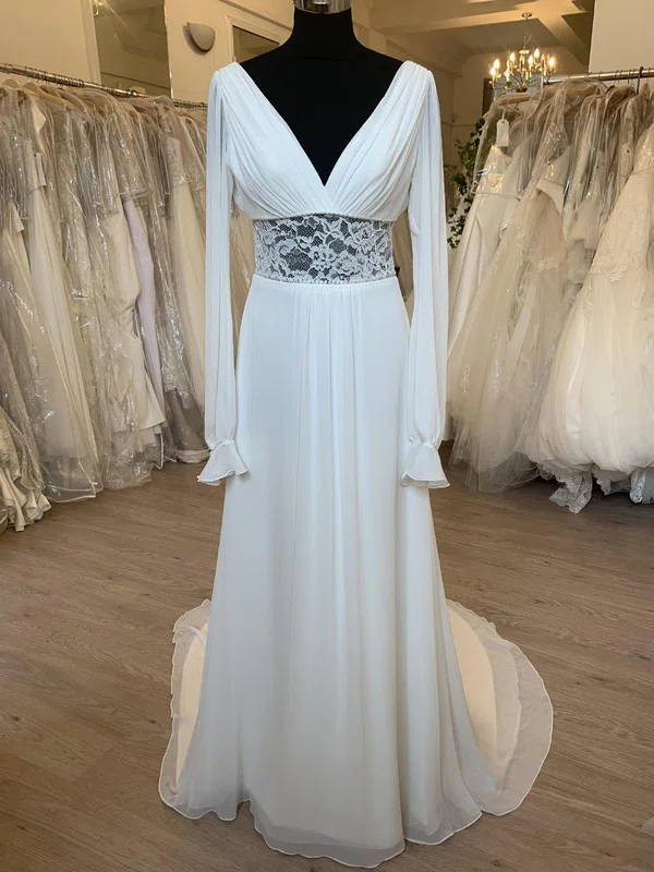 A-line V-neck Lace Chiffon Sweep Train Wedding Dress With Ruched #Milly00028770