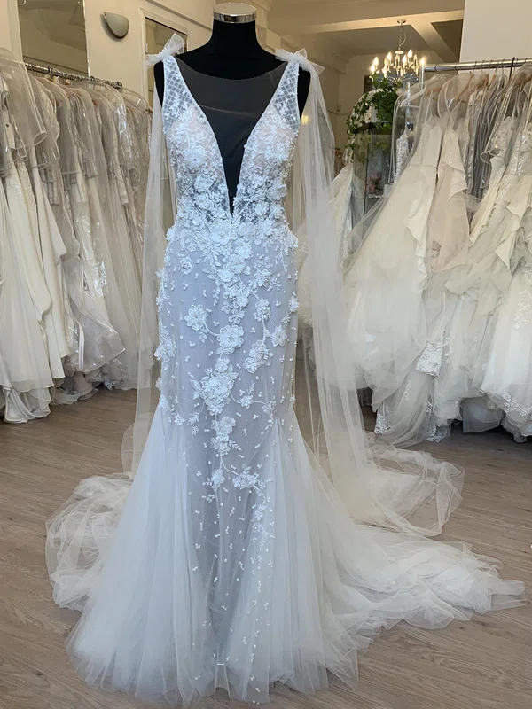 Trumpet/Mermaid Illusion Tulle Sweep Train Wedding Dress With Appliques Lace #Milly00028772