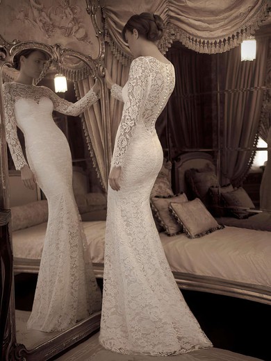 Elegant Ivory Lace Scoop Neck Ruffles Trumpet/Mermaid Long Sleeve Wedding Dresses #02016861