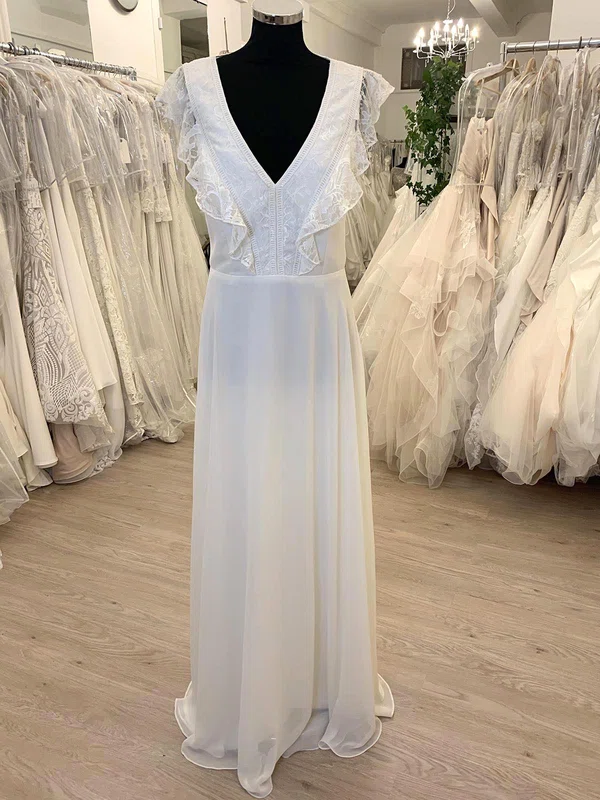 A-line V-neck Chiffon Floor-length Wedding Dress With Ruffles #Milly00028775