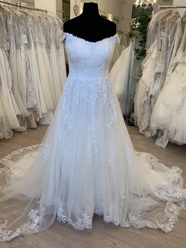 A-line Off-the-shoulder Tulle Sweep Train Wedding Dress With Appliques Lace #Milly00028776