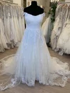 A-line Off-the-shoulder Tulle Sweep Train Wedding Dress With Appliques Lace #Milly00028776