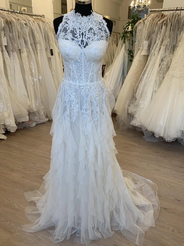A-line High Neck Tulle Sweep Train Wedding Dress With Ruffles #Milly00028777